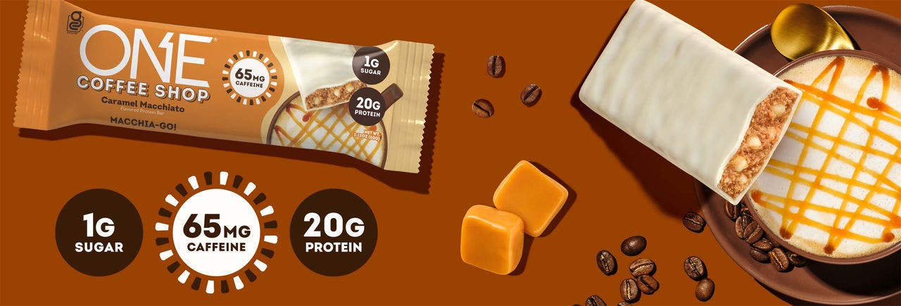 one coffee shop caramel macchiato flavored protein bar nutritional highlights