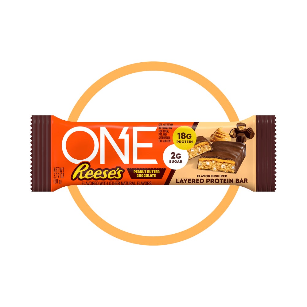 one reeses peanut butter chocolate flavored layered protein bar