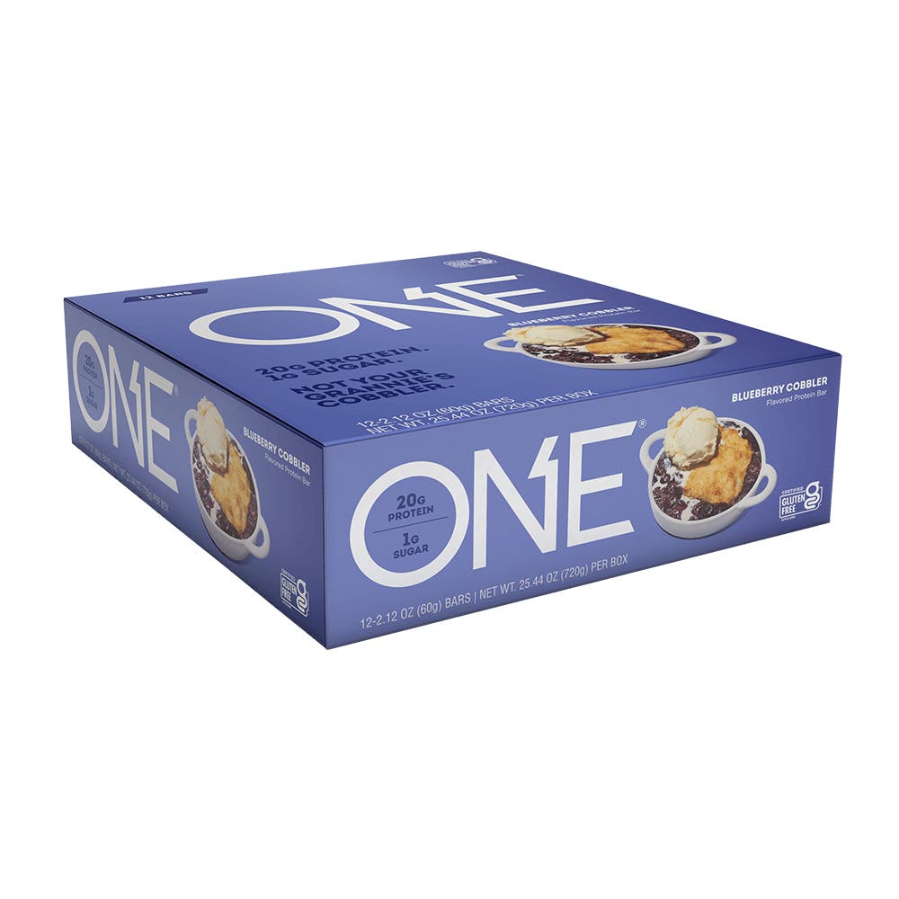 ONE BARS Blueberry Cobbler Flavored Protein Bars, 2.12 oz, 12 count box - Left Side of Package