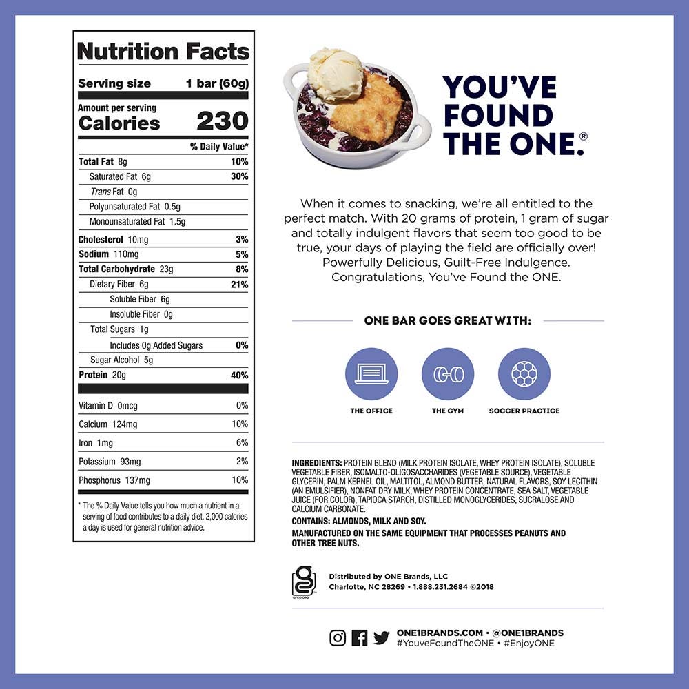 ONE BARS Blueberry Cobbler Flavored Protein Bars, 2.12 oz, 12 count box - Nutritional