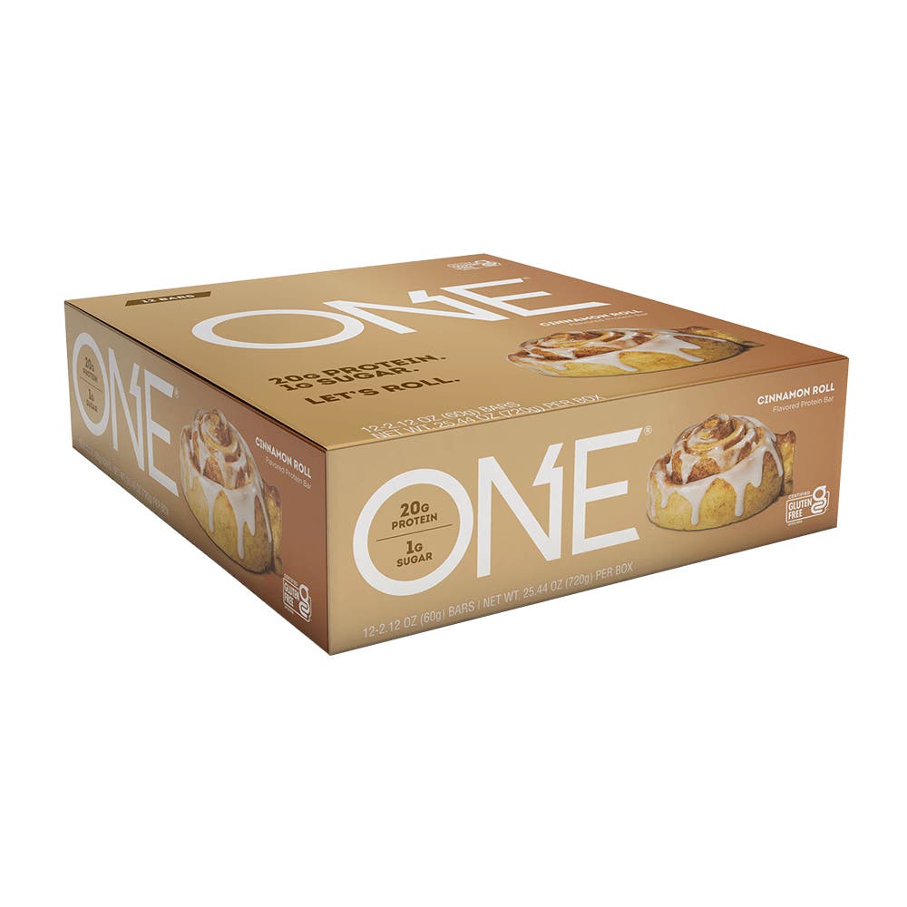 ONE BARS Cinnamon Roll Flavored Protein Bars, 2.12 oz, 12 count box - Left Side of Package