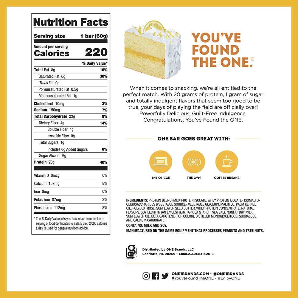 ONE BARS Lemon Cake Flavored Protein Bars, 2.12 oz, 12 count box - Nutritional