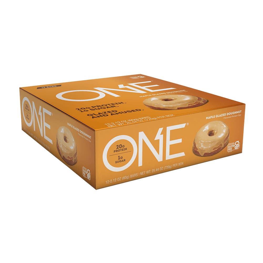 ONE BARS Maple Glazed Doughnut Flavored Protein Bars, 2.12 oz, 12 count box - Left Side of Package