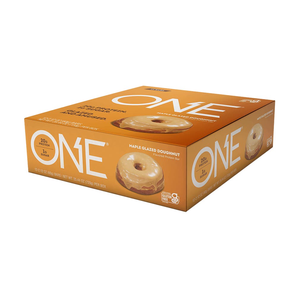 ONE BARS Maple Glazed Doughnut Flavored Protein Bars, 2.12 oz, 12 count box - Right Side of Package