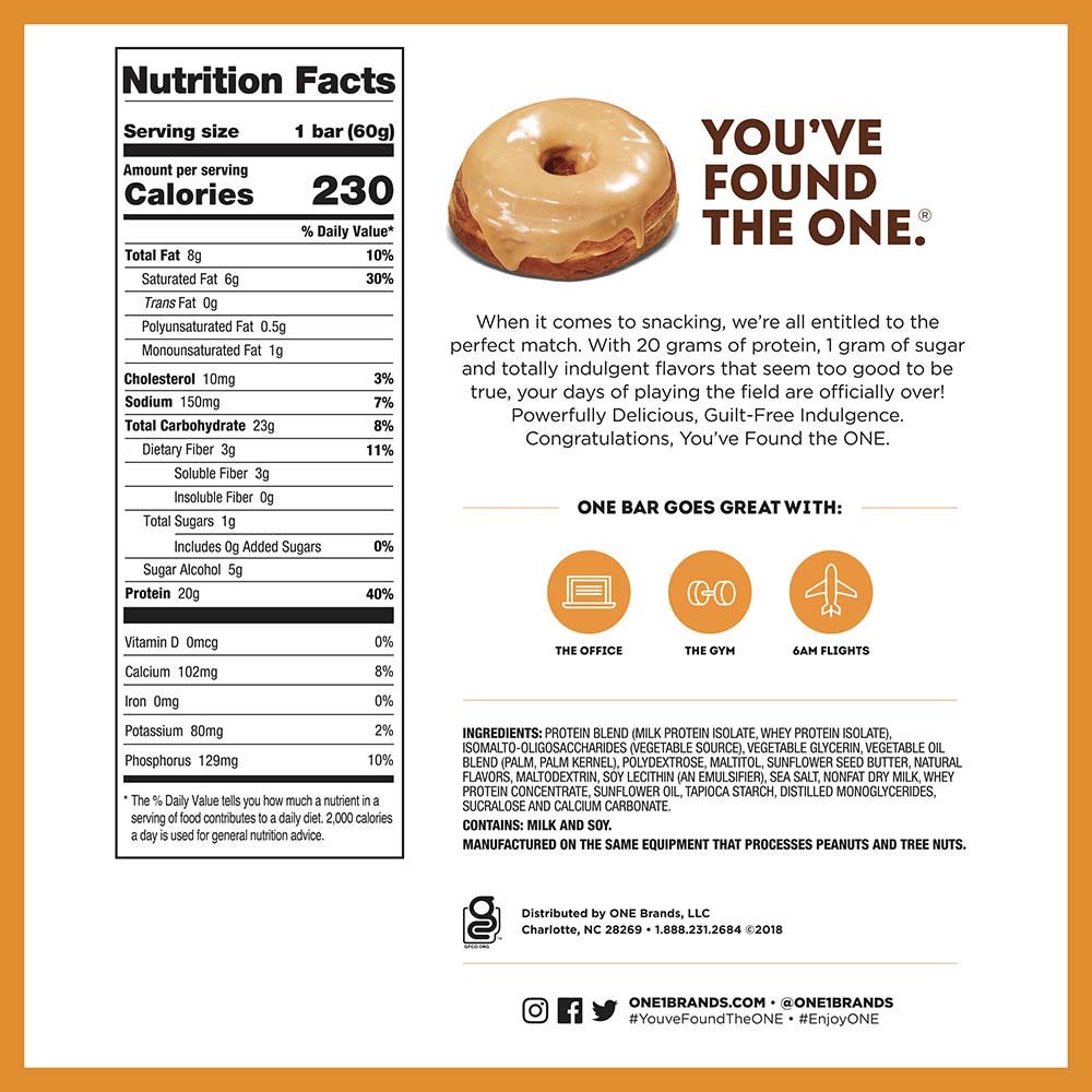 ONE BARS Maple Glazed Doughnut Flavored Protein Bar, 2.12 oz - Nutritional