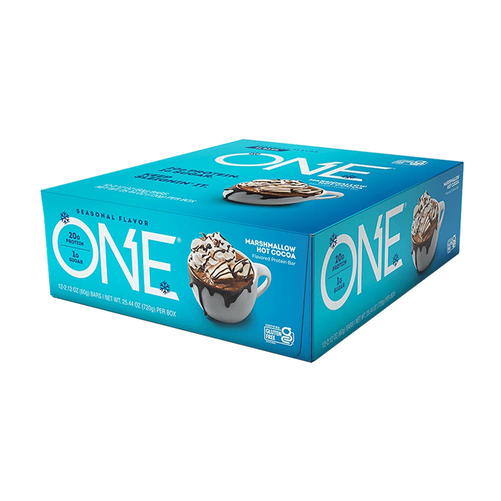 ONE BARS Marshmallow Hot Cocoa Flavored Protein Bars, 2.12 oz, 12 count box - Right Side of Package