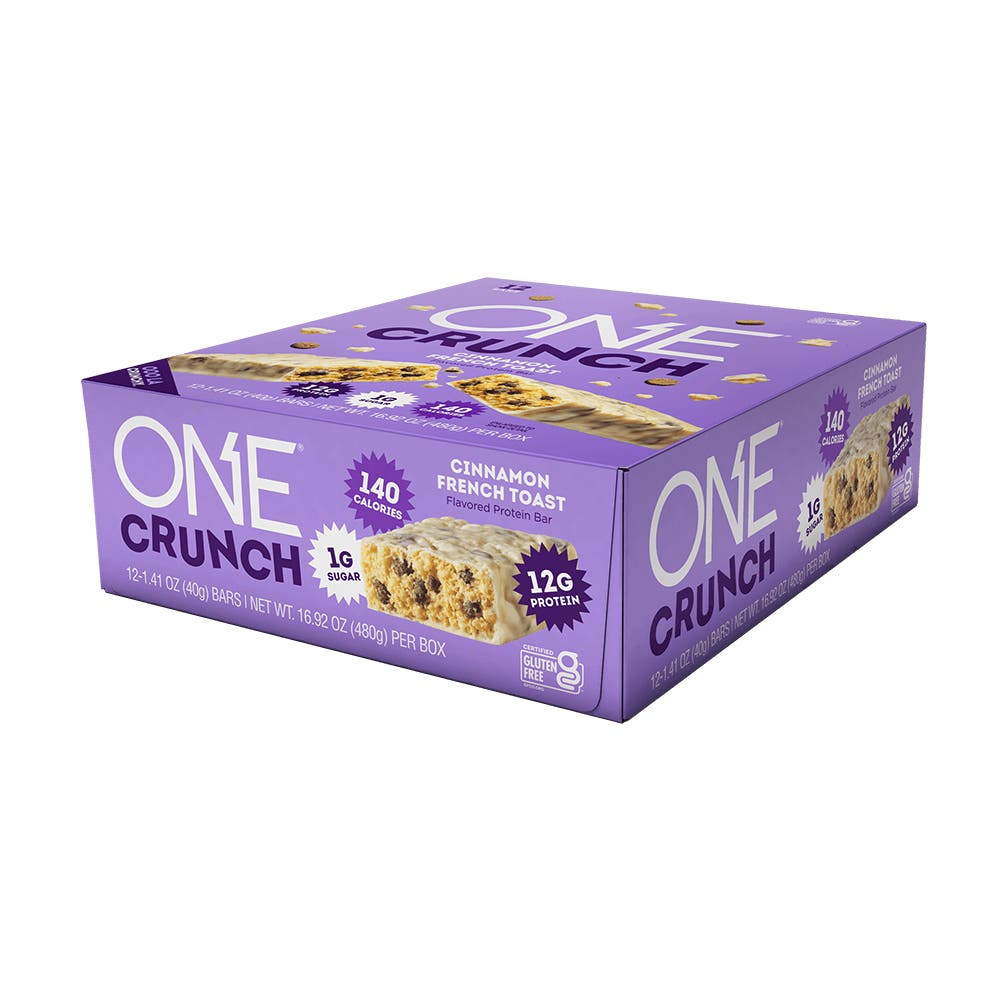 ONE CRUNCH Cinnamon French Toast Flavored Protein Bars, 1.41 oz, 12 count box - Right Side of Package