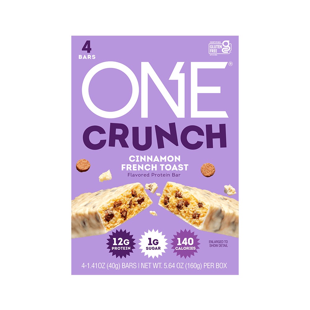 ONE CRUNCH Cinnamon French Toast Flavored Protein Bars, 1.41 oz, 4 count box - Front of Package