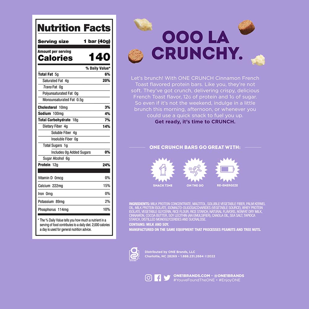 ONE CRUNCH Cinnamon French Toast Flavored Protein Bars, 1.41 oz, 12