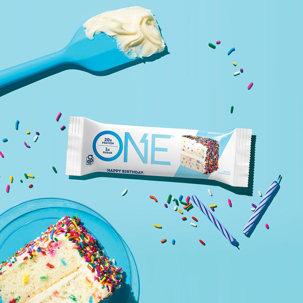 one bars birthday cake flavored protein bar